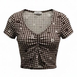 Gingham Print Crop Top Brown White Checkered Cutesy Cottagecore Daisy Size XS